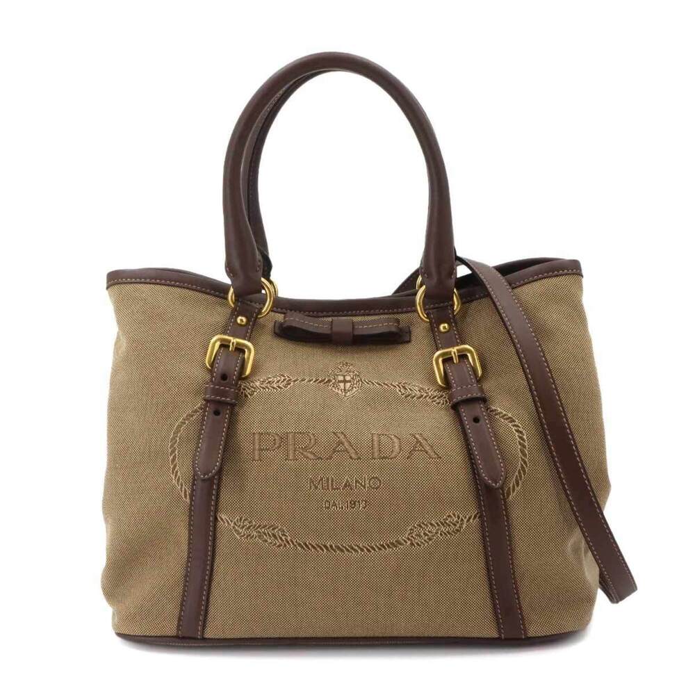 Prada Jacquard Ribbon 2-way Hand/Shoulder Handbag, Canvas and Leather, Beige/...